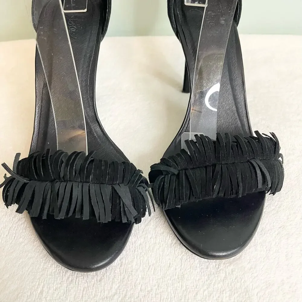 Joie Stiletto Heels 38 / 8 Black Ankle Strap Suede Fringe Party Cocktail Evening